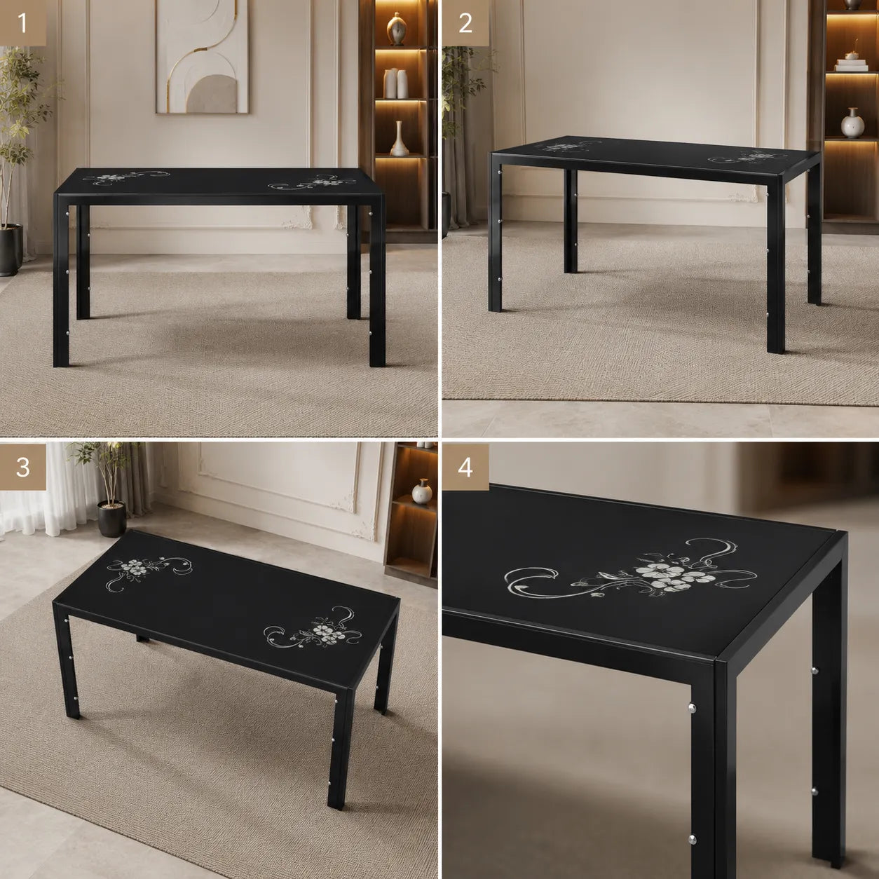 Table Repas Jamie Noir Fleuri 140x80x75 CM