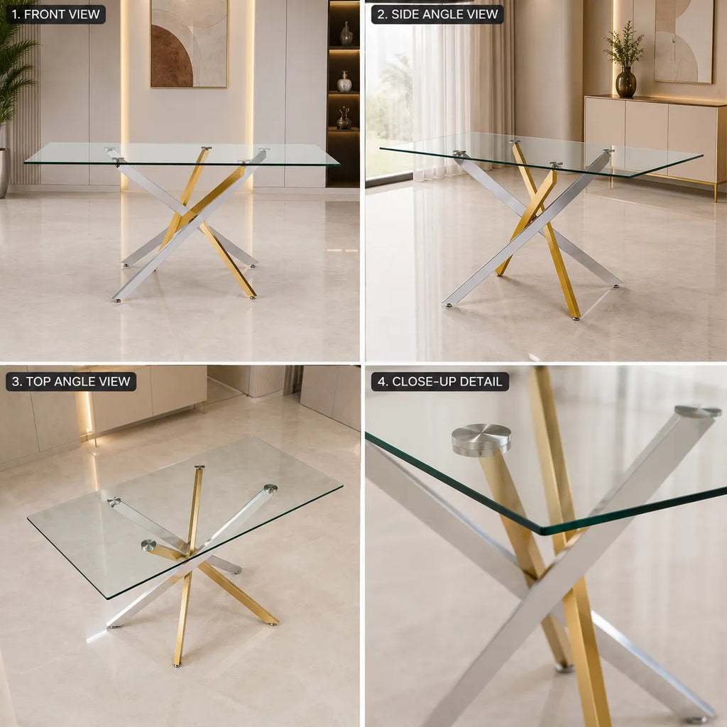 Table Repas Jessica Transparent Pieds Gold et Chrome