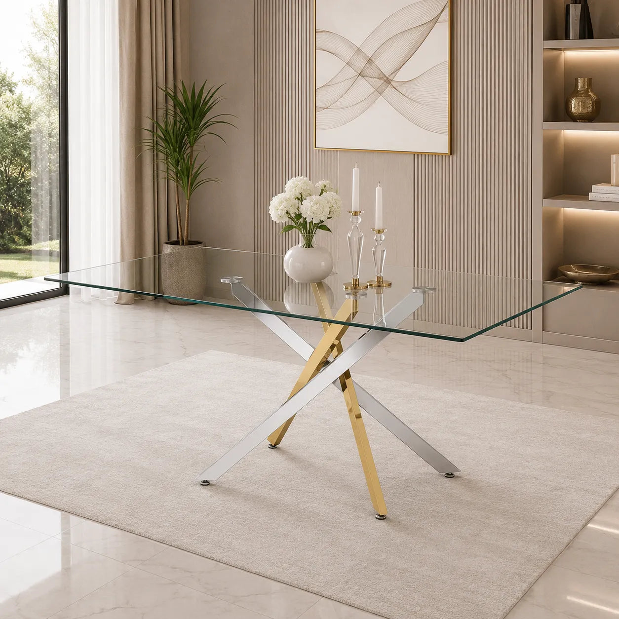 Table Repas Jessica Transparent Pieds Gold et Chrome