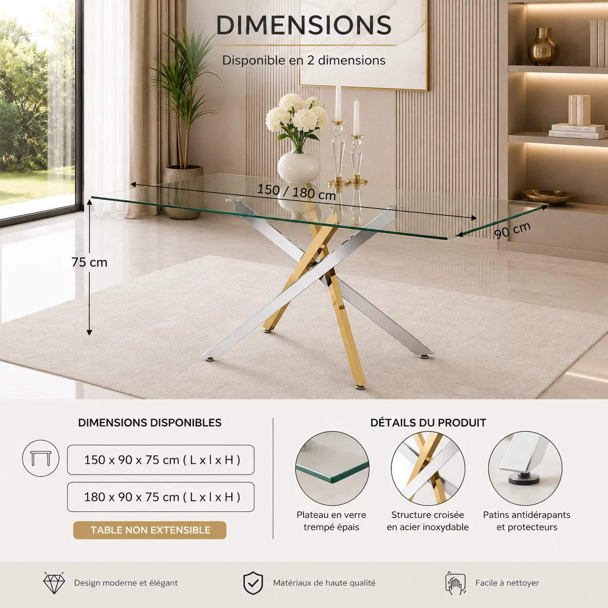 Table Repas Jessica Transparent Pieds Gold et Chrome