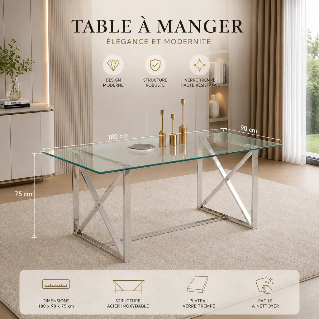 Table Repas Kensy Chrome Transparent 180x90x75CM
