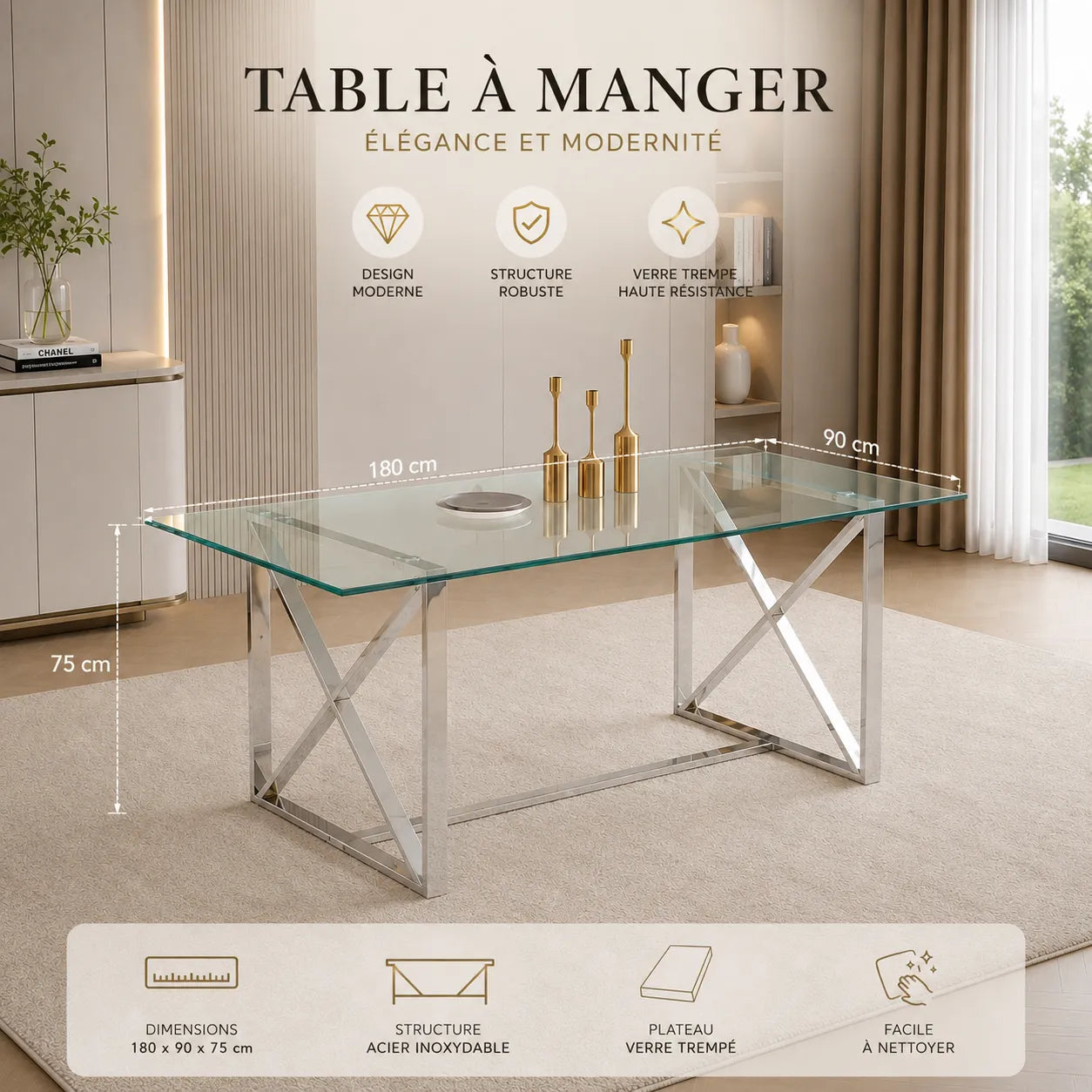 Table Repas Kensy Chrome Transparent 180x90x75CM