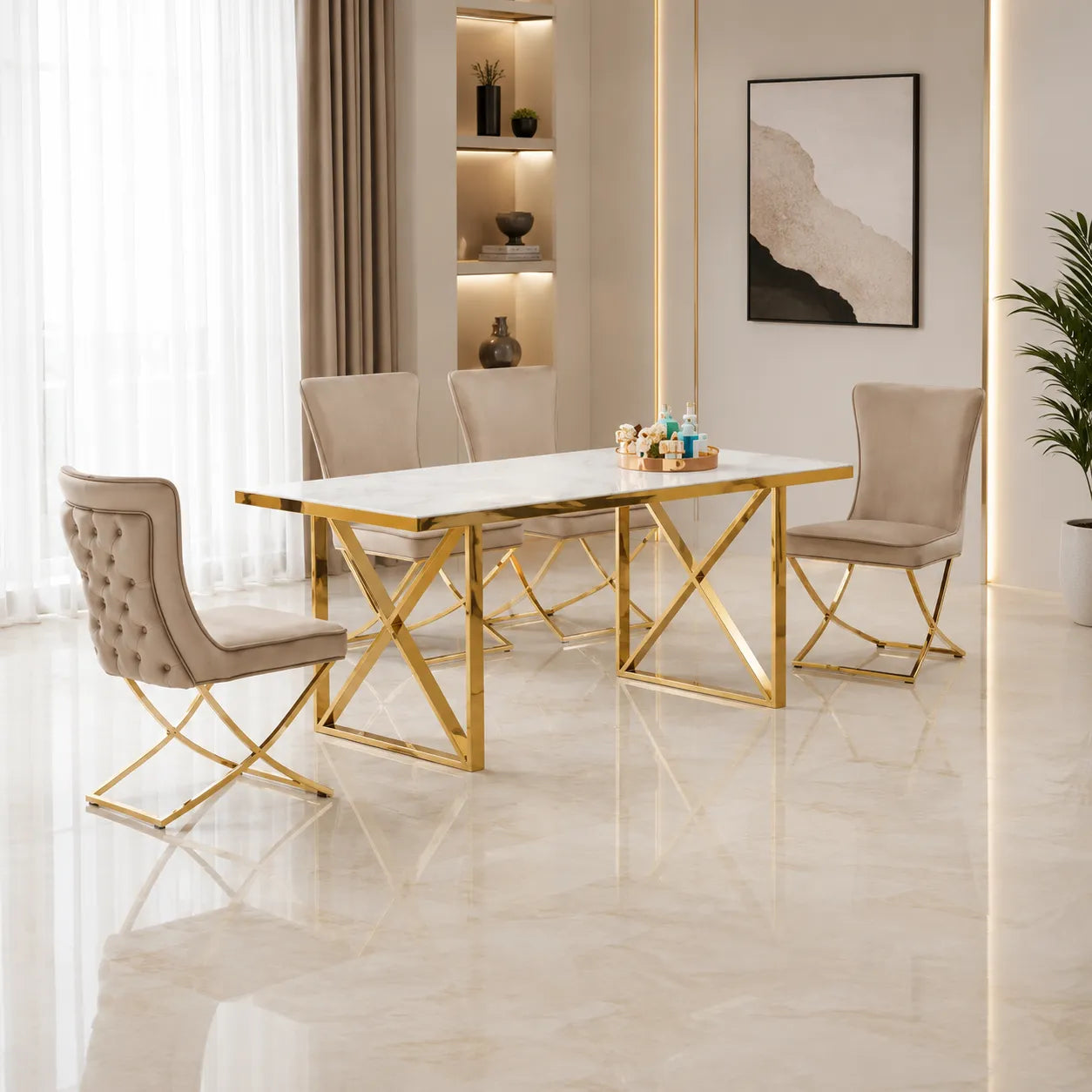 Table Repas Levanto Gold Marbre Blanc 180X90CM