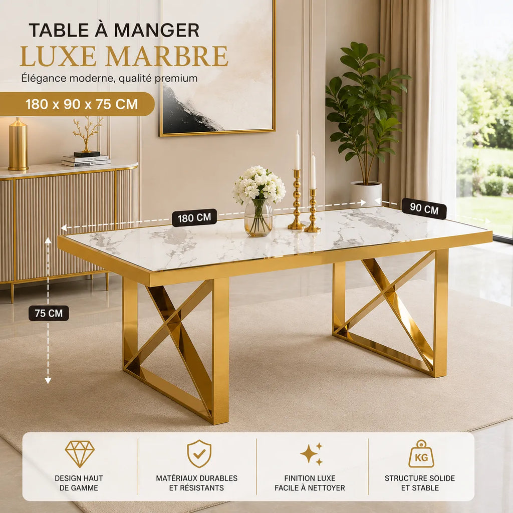 Table Repas Levanto Gold Marbre Blanc 180X90CM