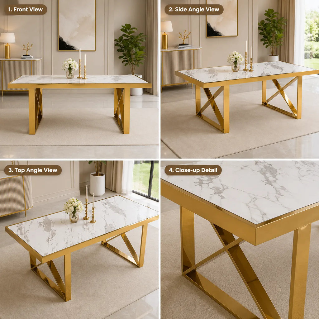 Table Repas Levanto Gold Marbre Blanc 180X90CM