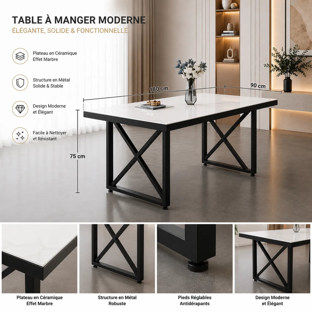Table Repas Levanto Metal Pieds Noir 180x90x75 CM