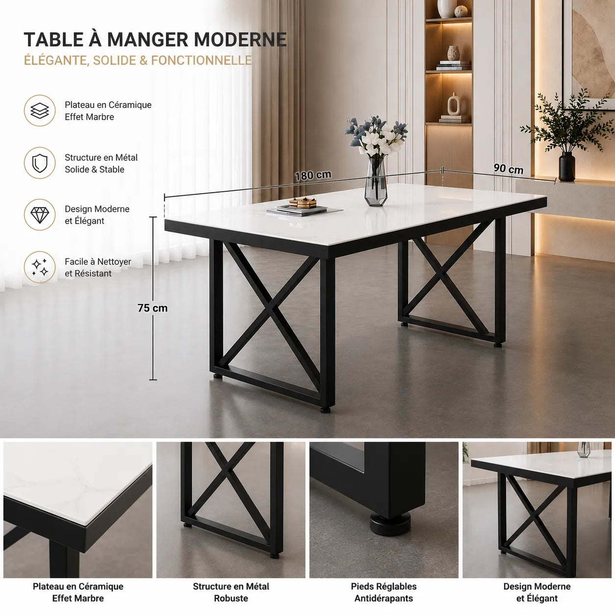 Table Repas Levanto Metal Pieds Noir 180x90x75 CM