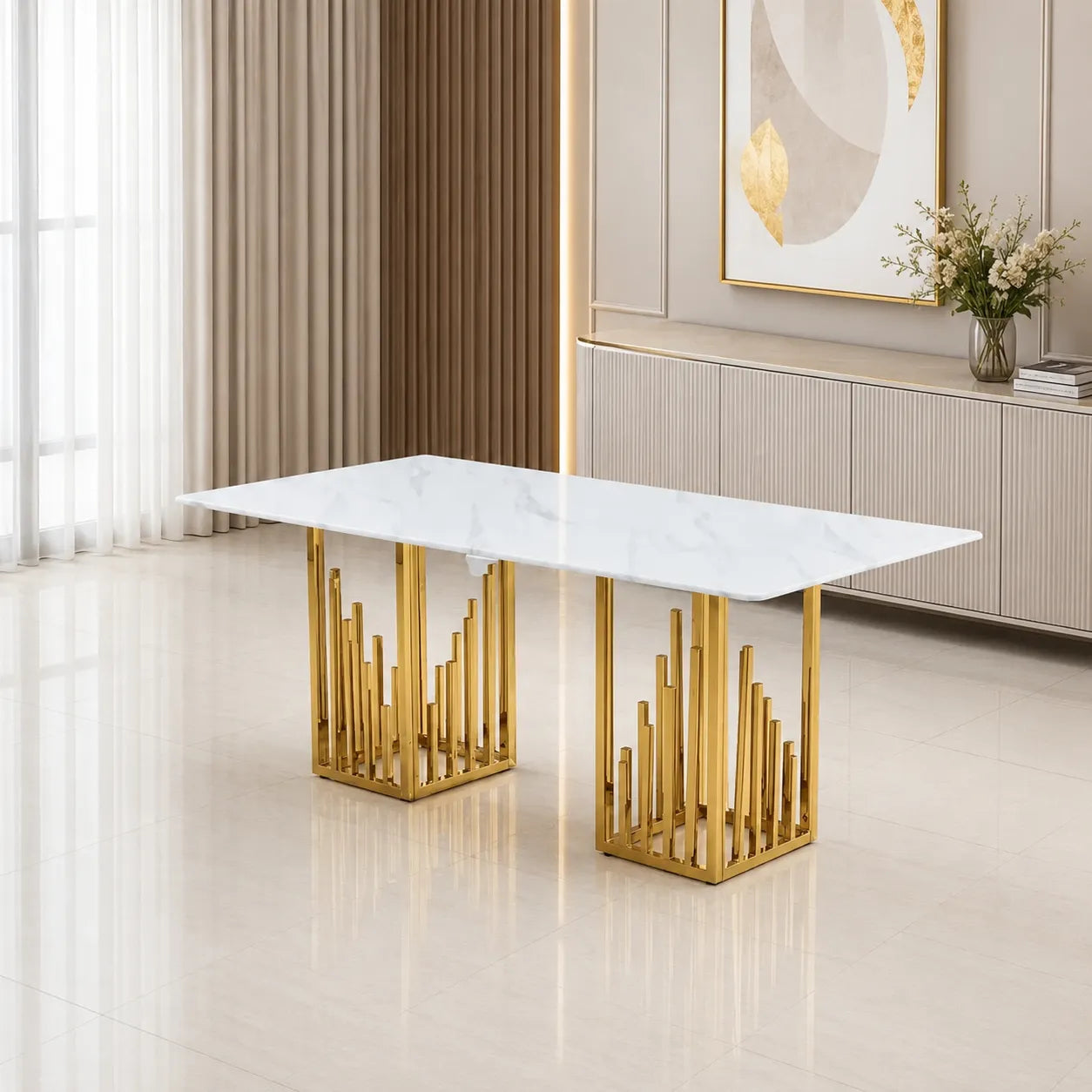 Table Repas Stalax Marbre Blanc Pieds Gold 180x90 CM