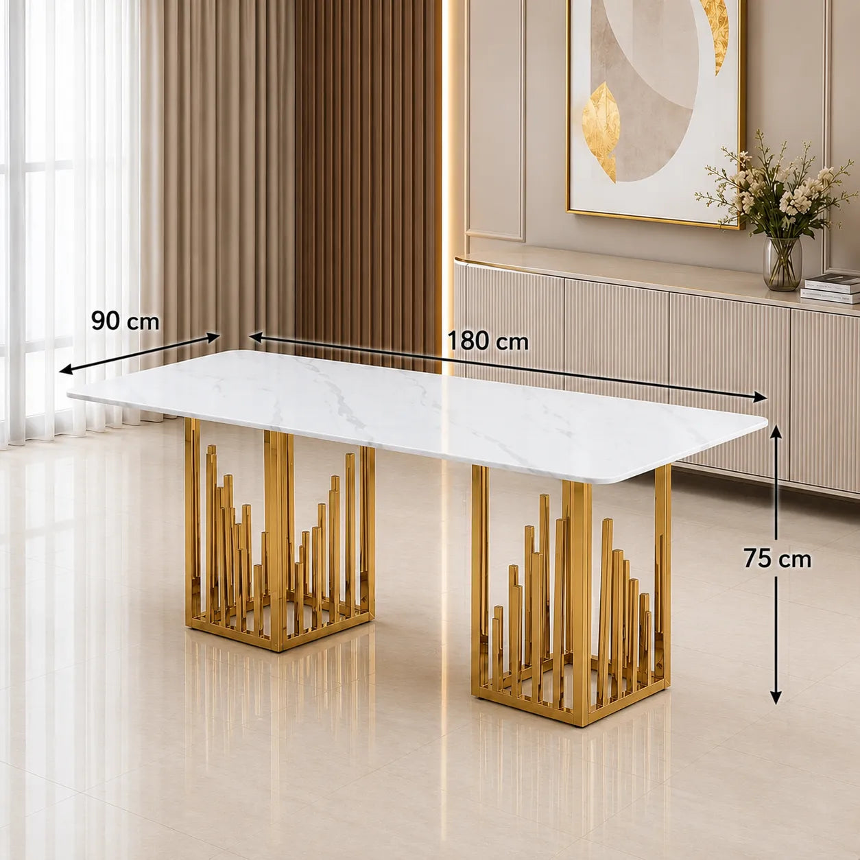 Table Repas Stalax Marbre Blanc Pieds Gold 180x90 CM