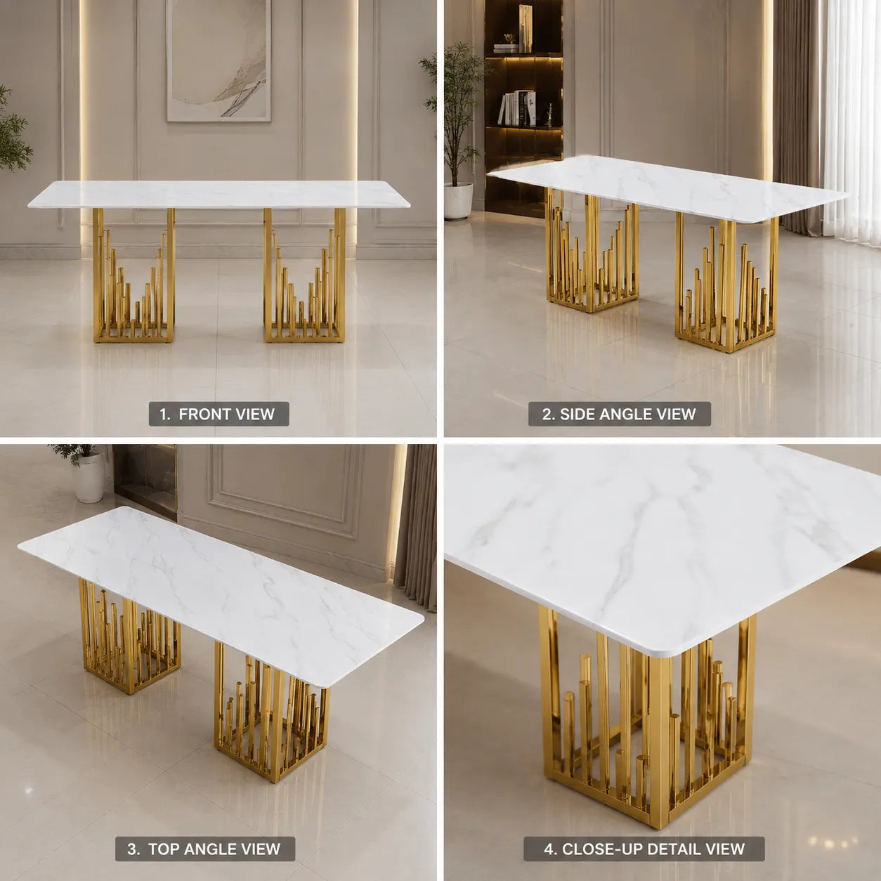 Table Repas Stalax Marbre Blanc Pieds Gold 180x90 CM