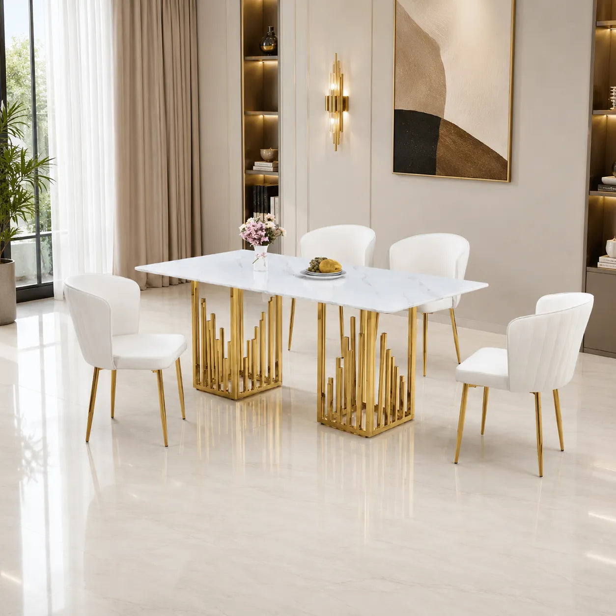 Table Repas Stalax Marbre Blanc Pieds Gold 180x90 CM