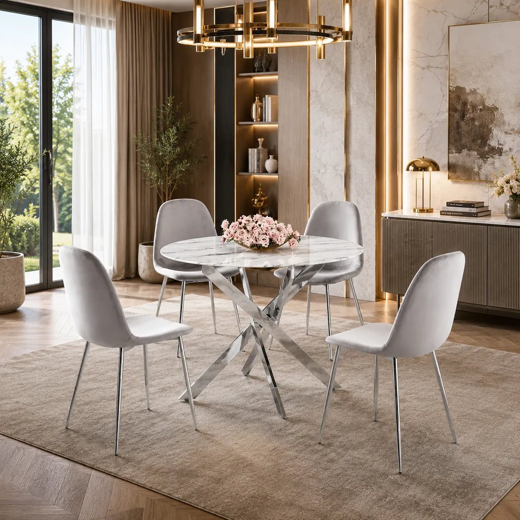 Table Repas Jessica Marbre Blanc Pieds Chrome