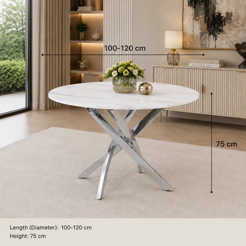 Table Repas Jessica Marbre Blanc Pieds Chrome