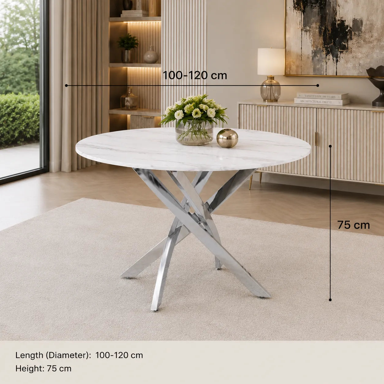 Table Repas Jessica Marbre Blanc Pieds Chrome