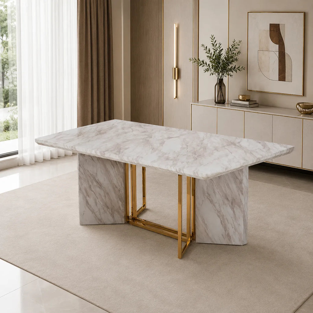 Table à manger rectangulaire design effet marbre blanc et doré ERIKA