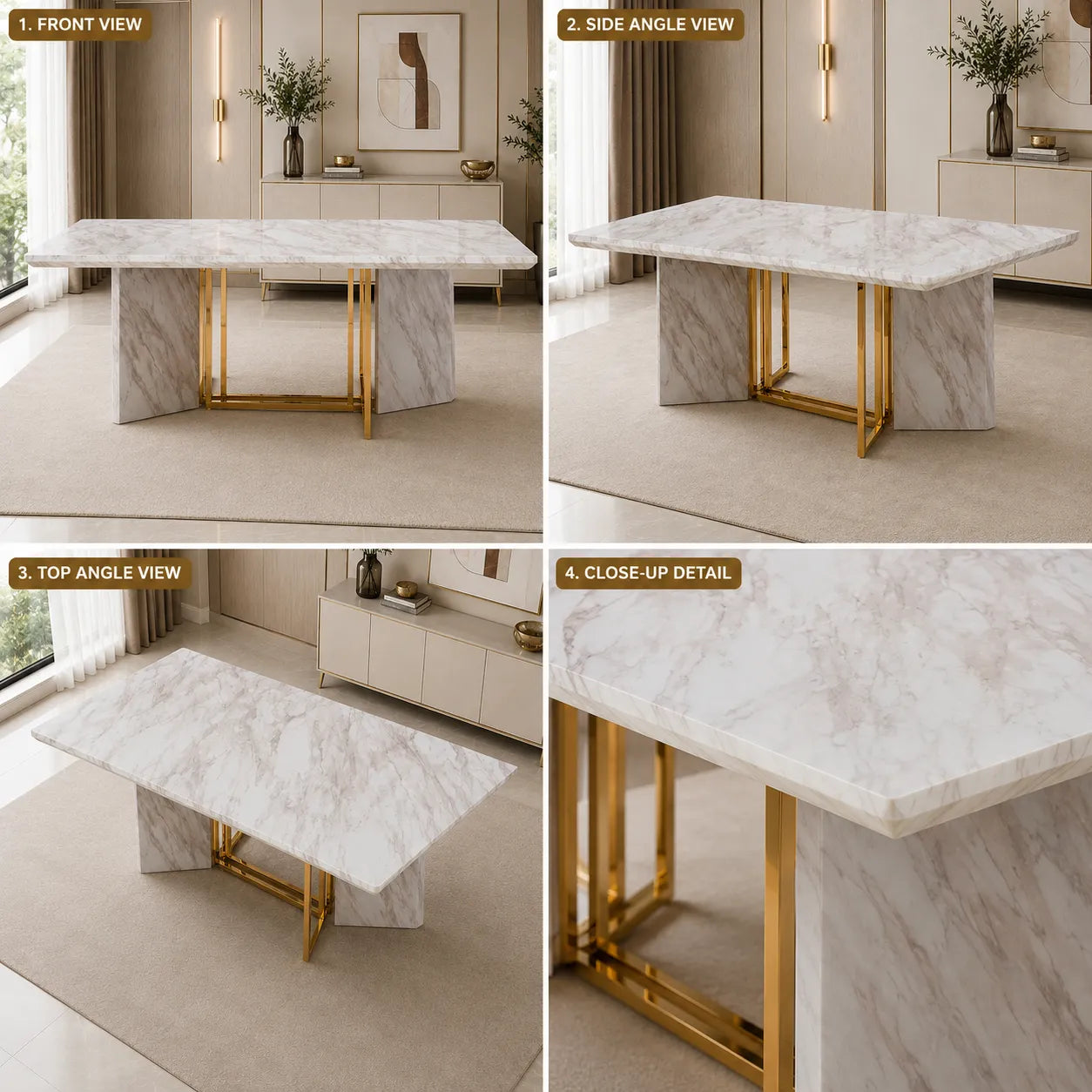 Table à manger rectangulaire design effet marbre blanc et doré ERIKA