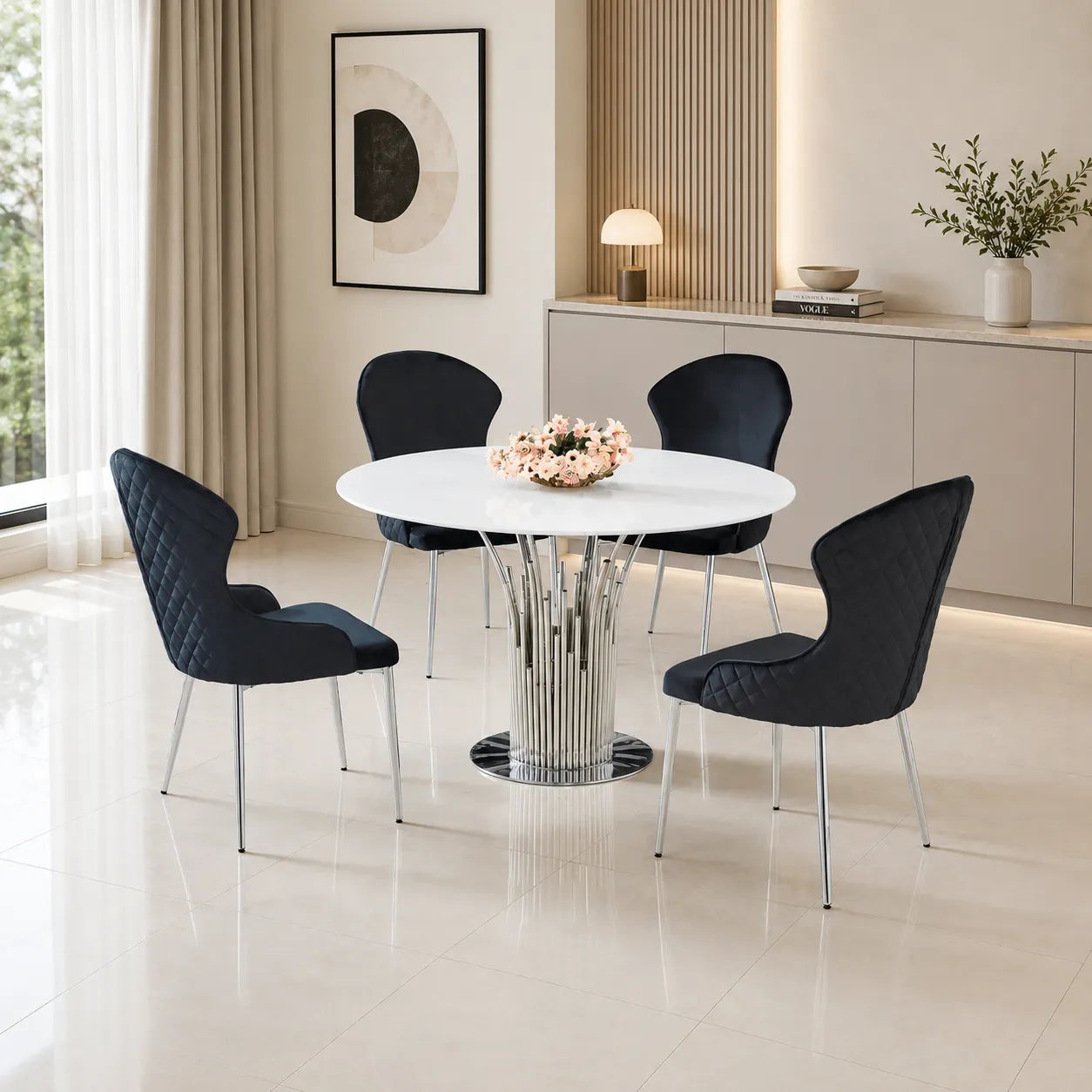 Table à Manger Flute Chrome Marbre Blanc 120 CM