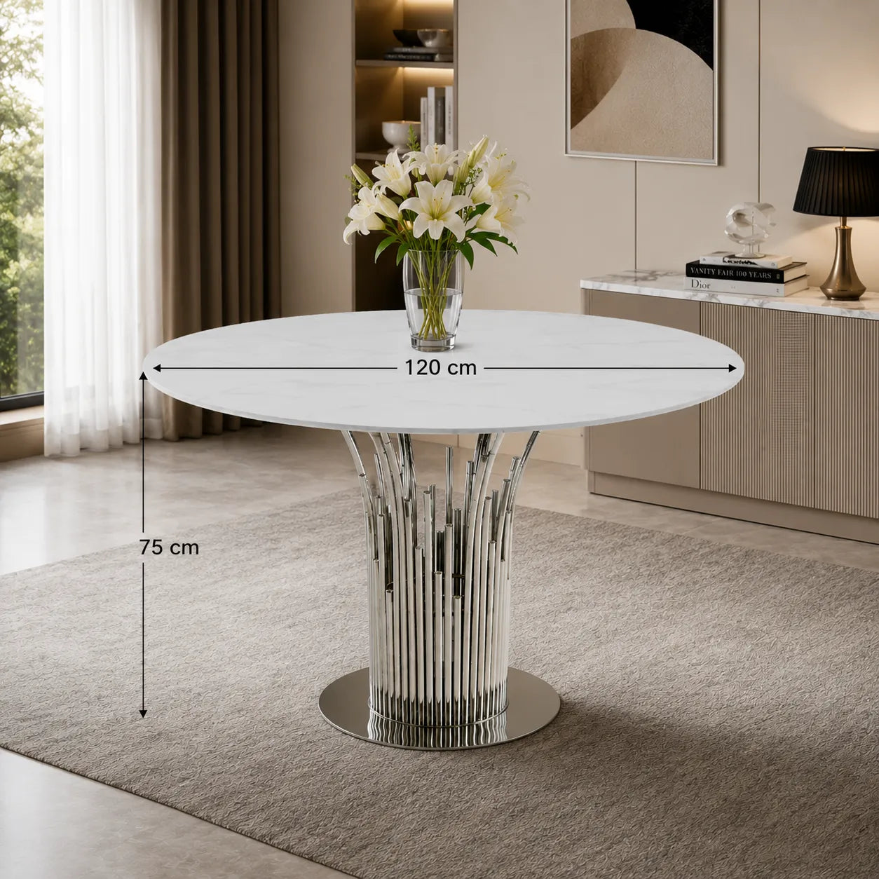 Table à Manger Flute Chrome Marbre Blanc 120 CM