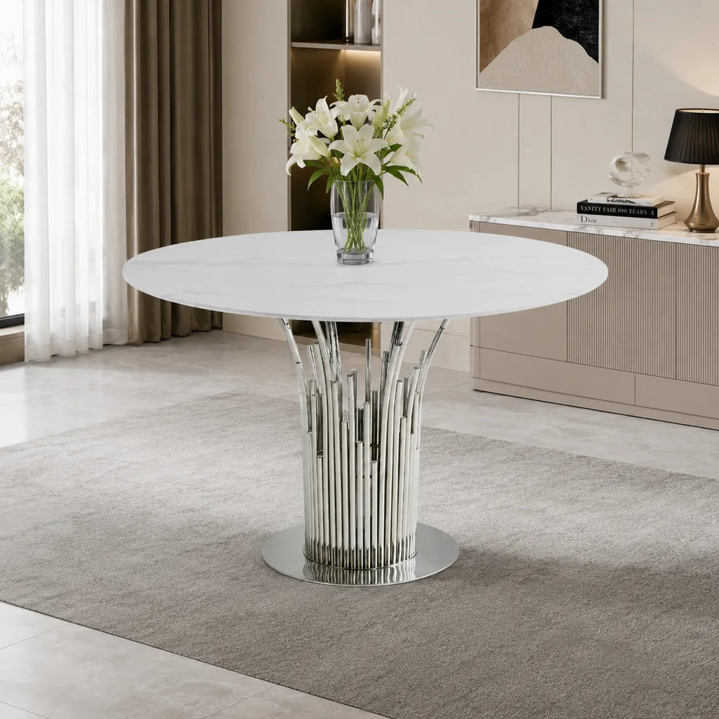 Table à Manger Flute Chrome Marbre Blanc 120 CM