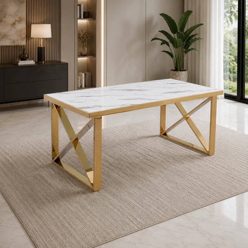 Table à Manger Rectangulaire Effet Marbre Blanc