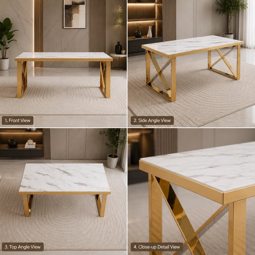 Table à Manger Rectangulaire Effet Marbre Blanc