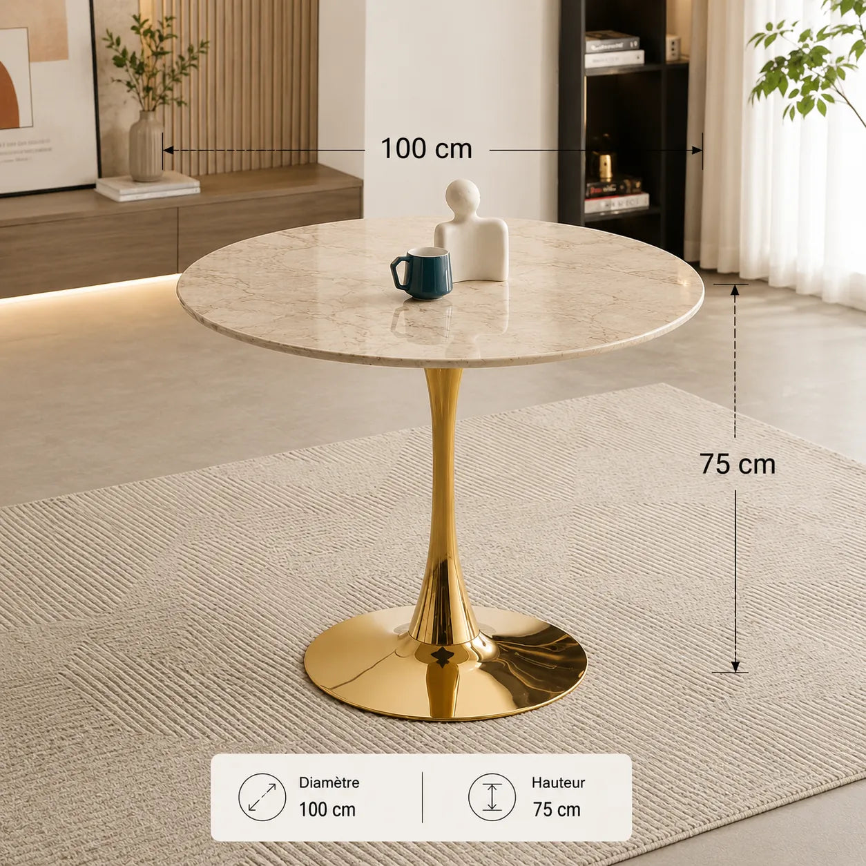 Table à Manger Rosa Pied Dore 100x100x75CM