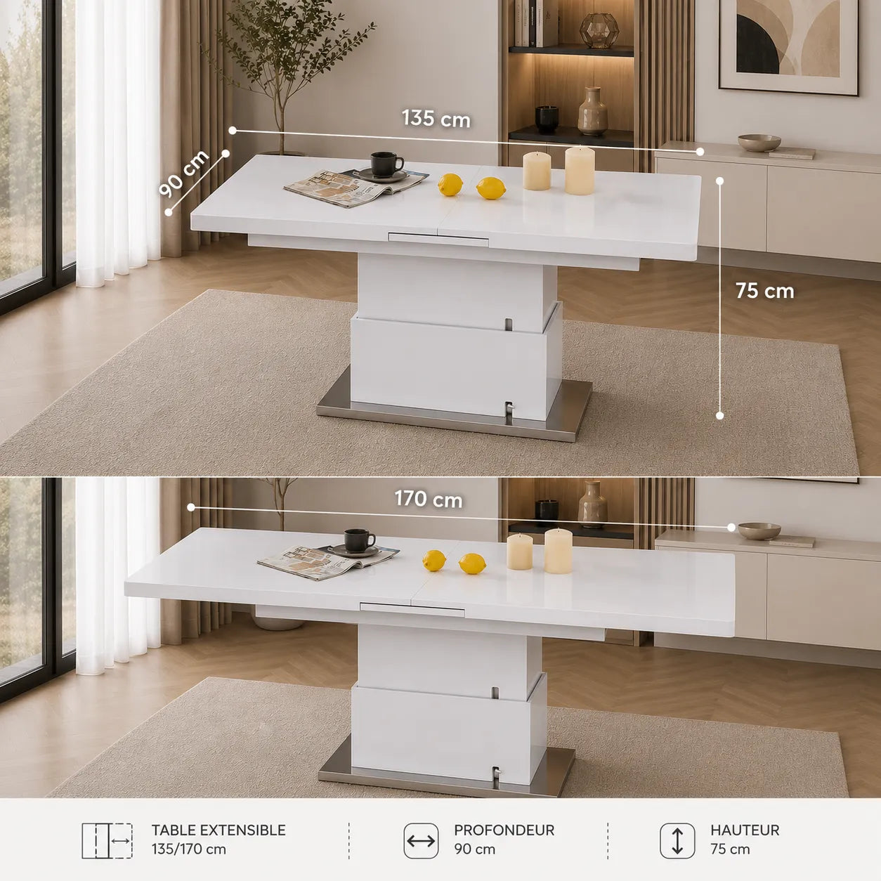 Table a Rallonge Relevable Automatique Blanc 135/170