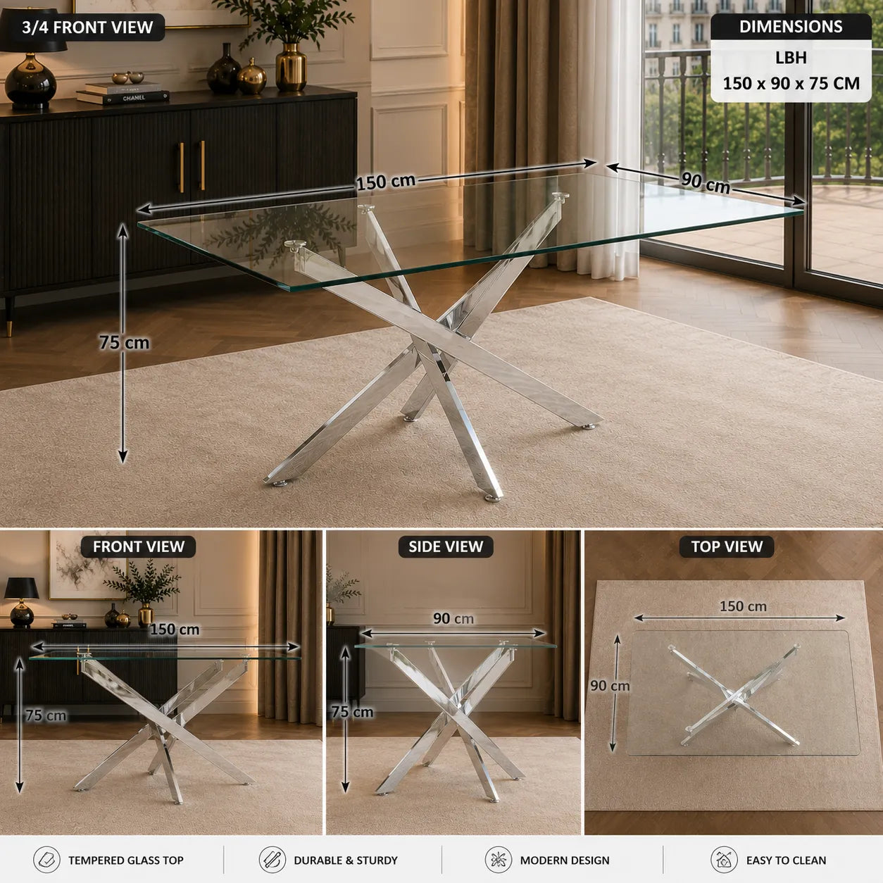 Table à manger design rectangulaire en verre pieds argentés CONNOR