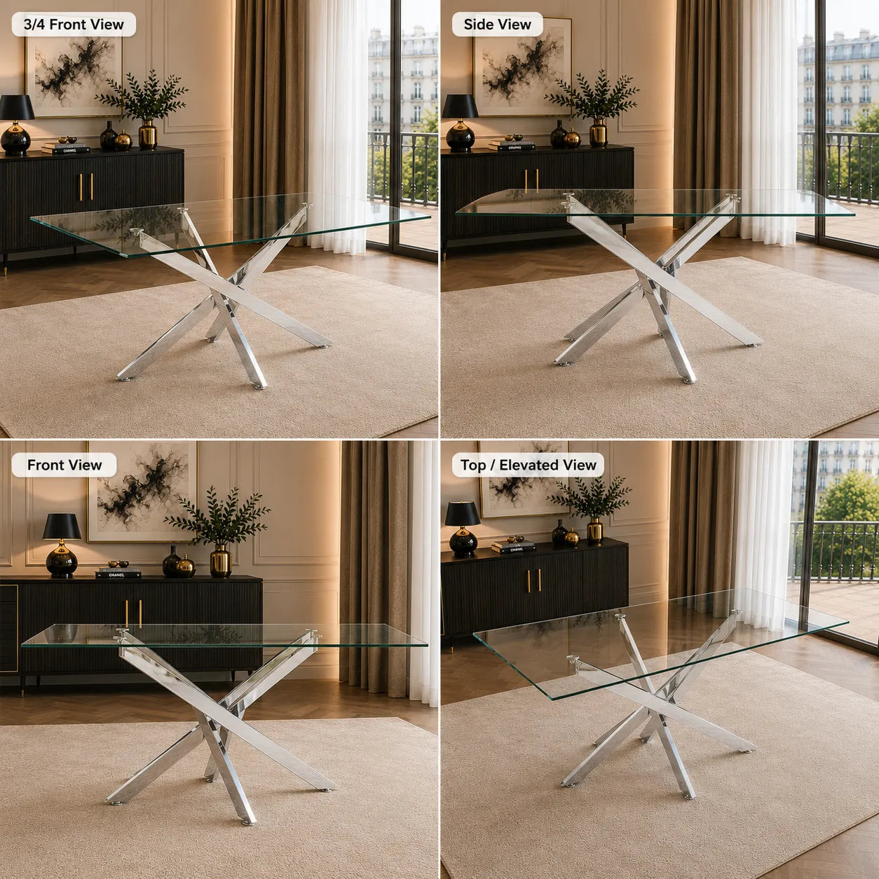 Table à manger design rectangulaire en verre pieds argentés CONNOR