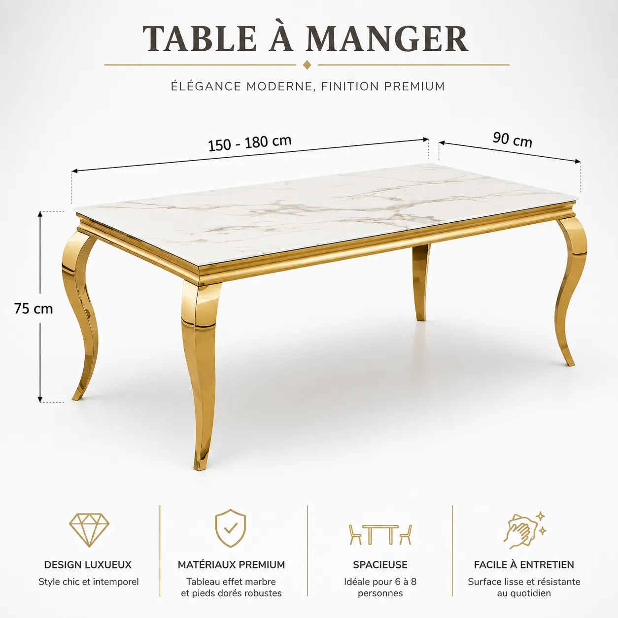 Table à manger dorée verre blanc NEO