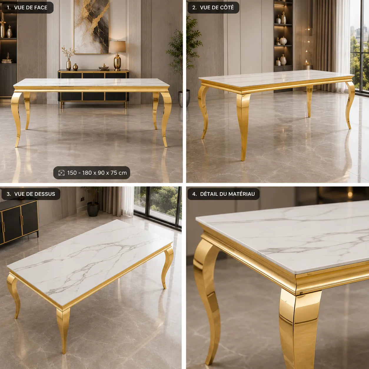 Table à manger dorée verre blanc NEO