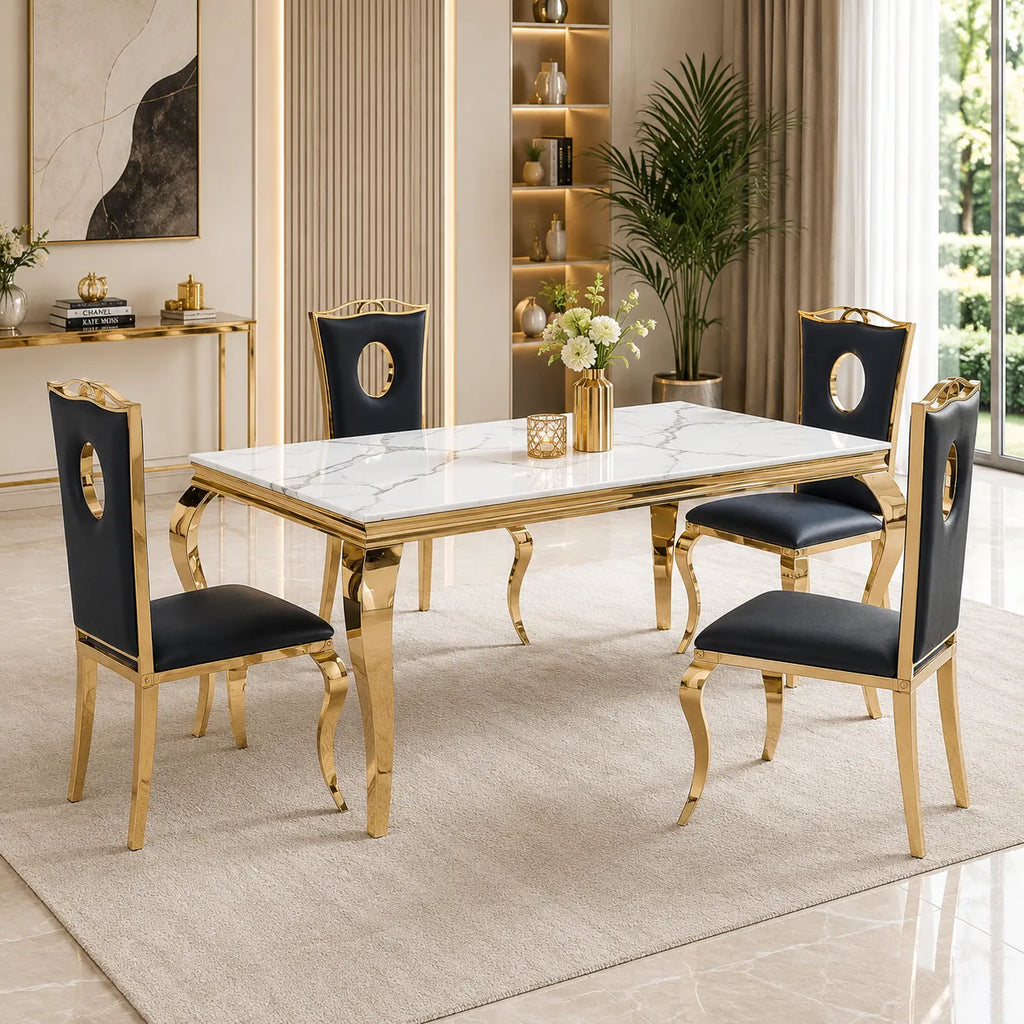 Table à manger dorée verre blanc NEO
