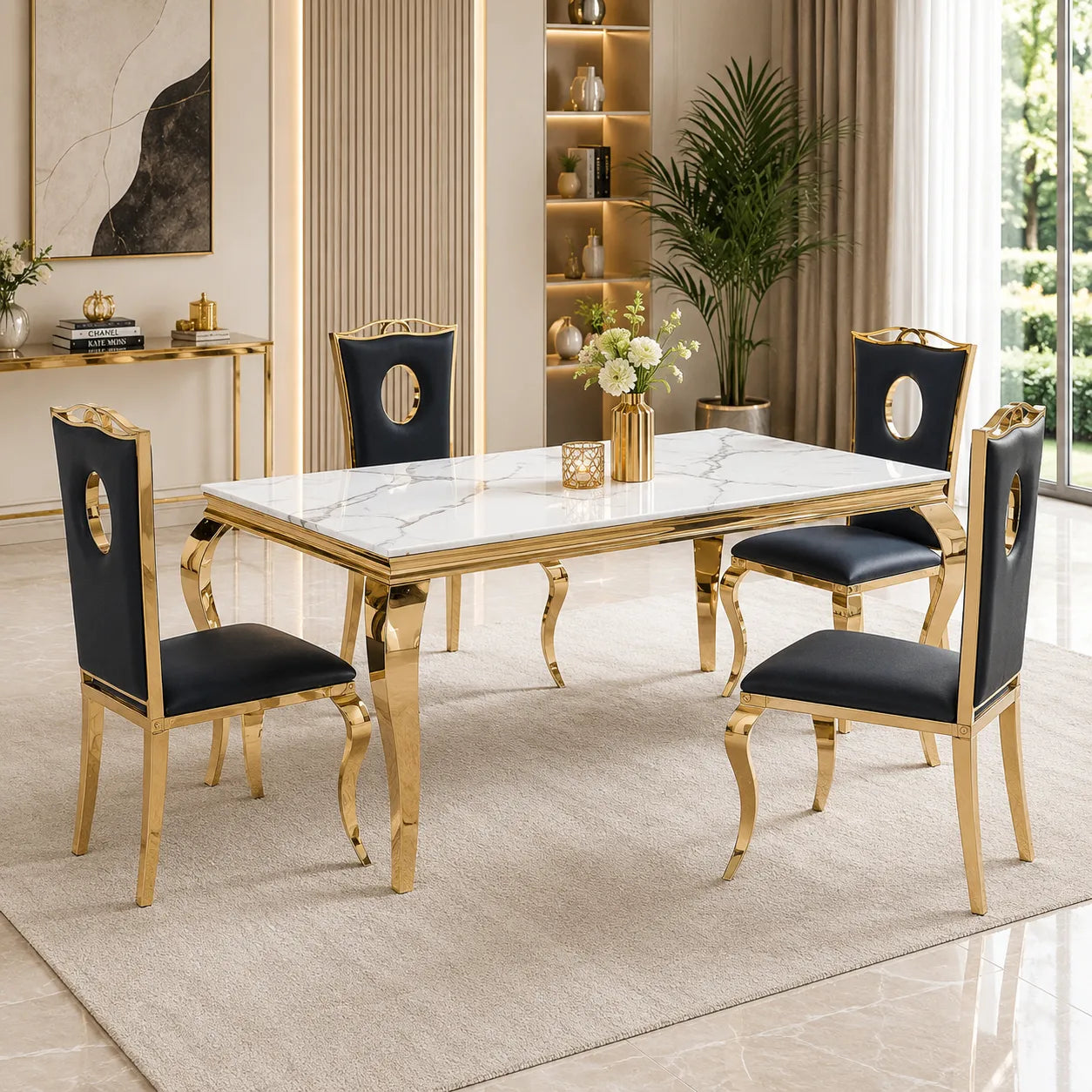 Table à manger dorée verre blanc NEO