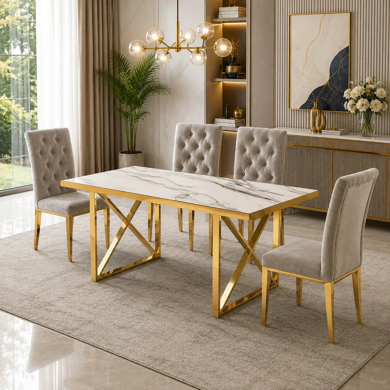 Table à manger dore marbre blanc CLARA
