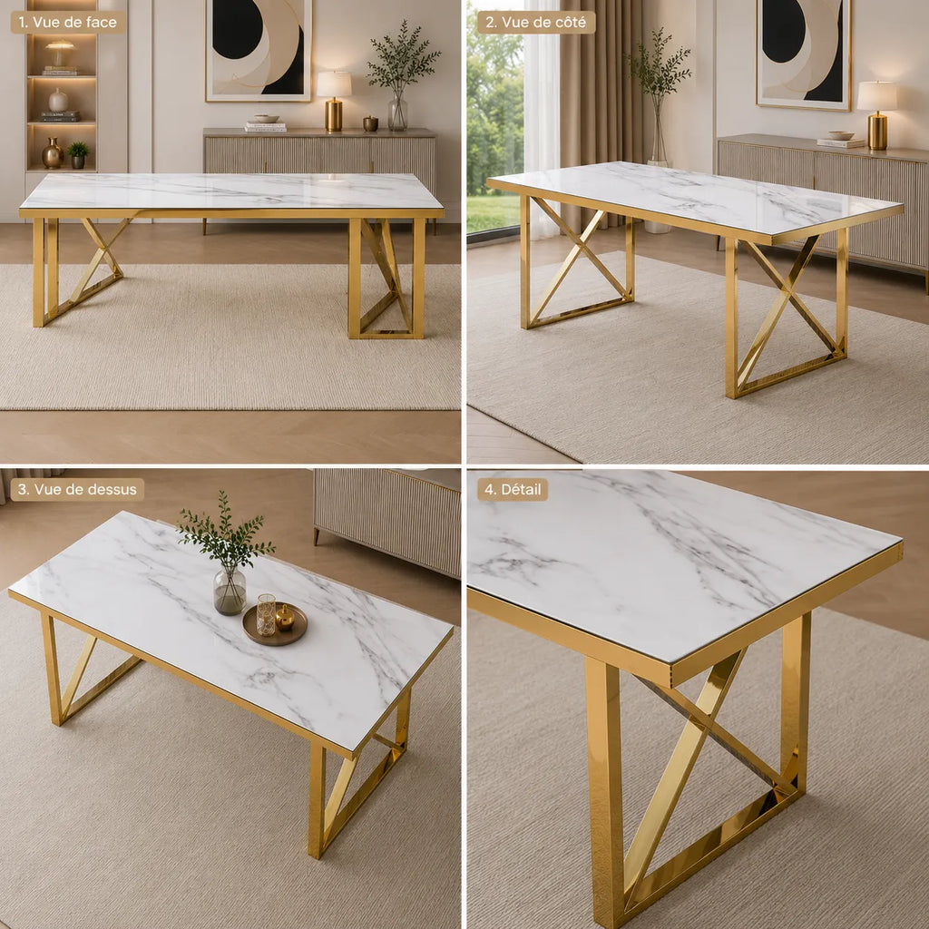 Table à manger dore marbre blanc CLARA