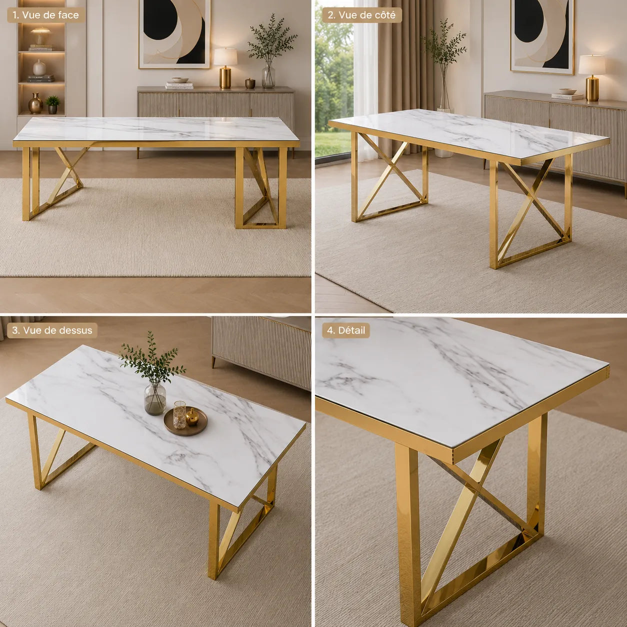 Table à manger dore marbre blanc CLARA