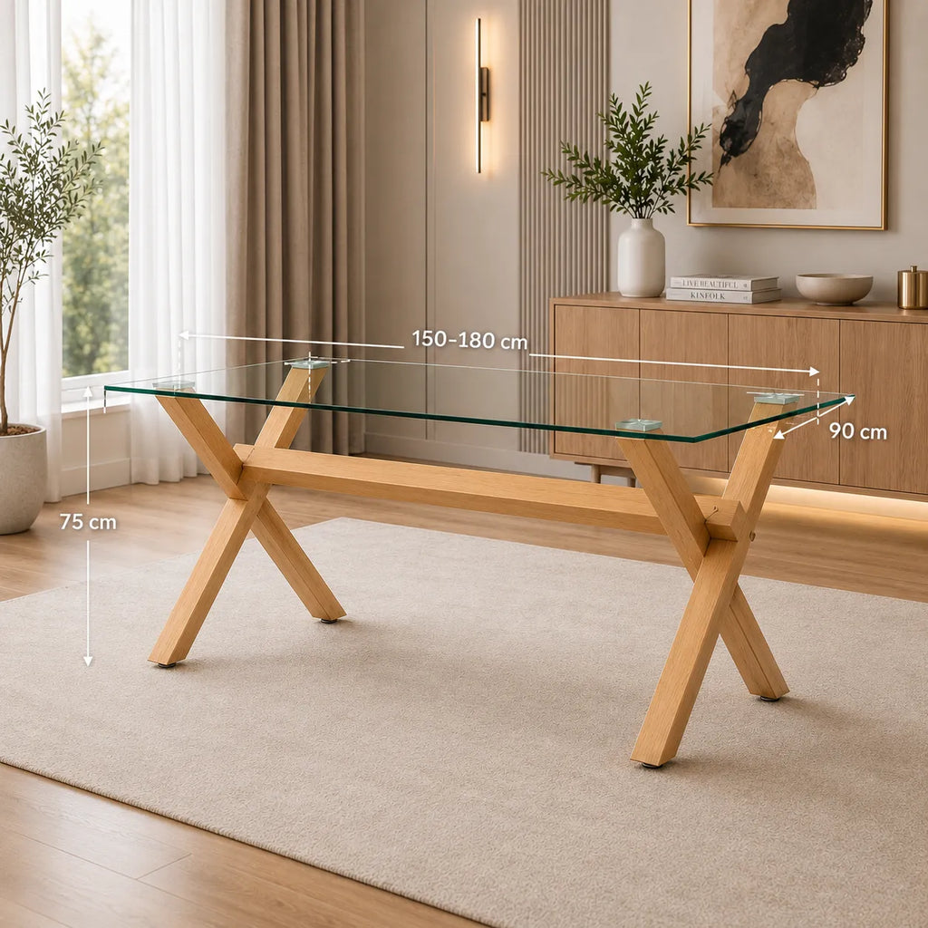 Table à manger en verre pied bois CROSS