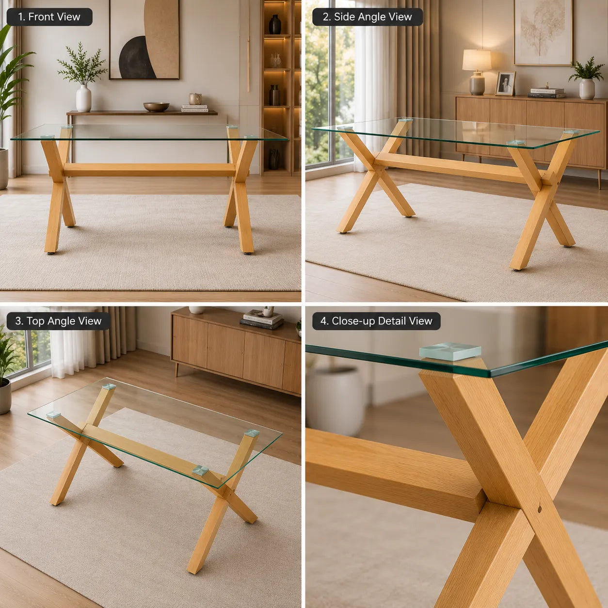 Table à manger en verre pied bois CROSS
