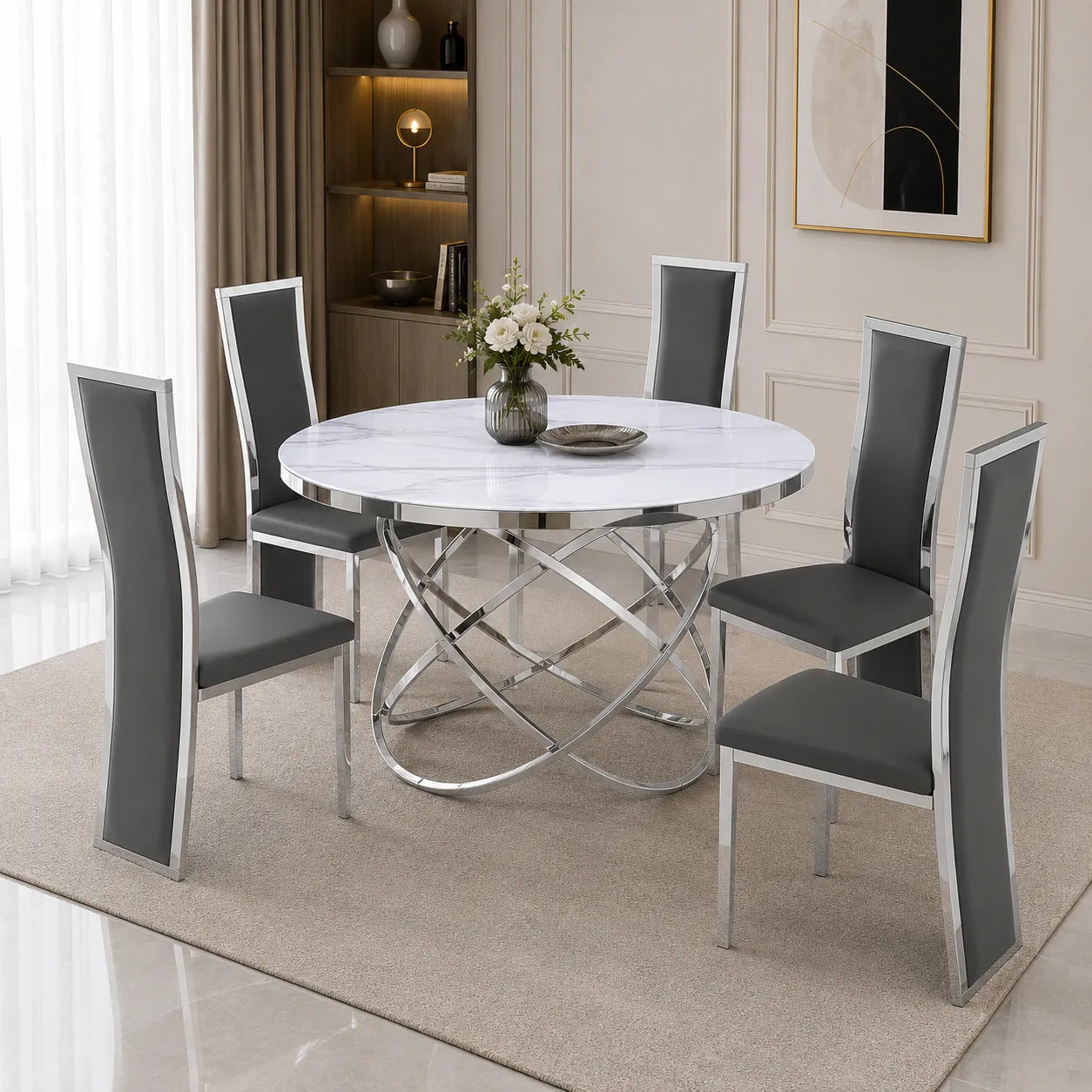 Table à manger marbre blanc argent EVO
