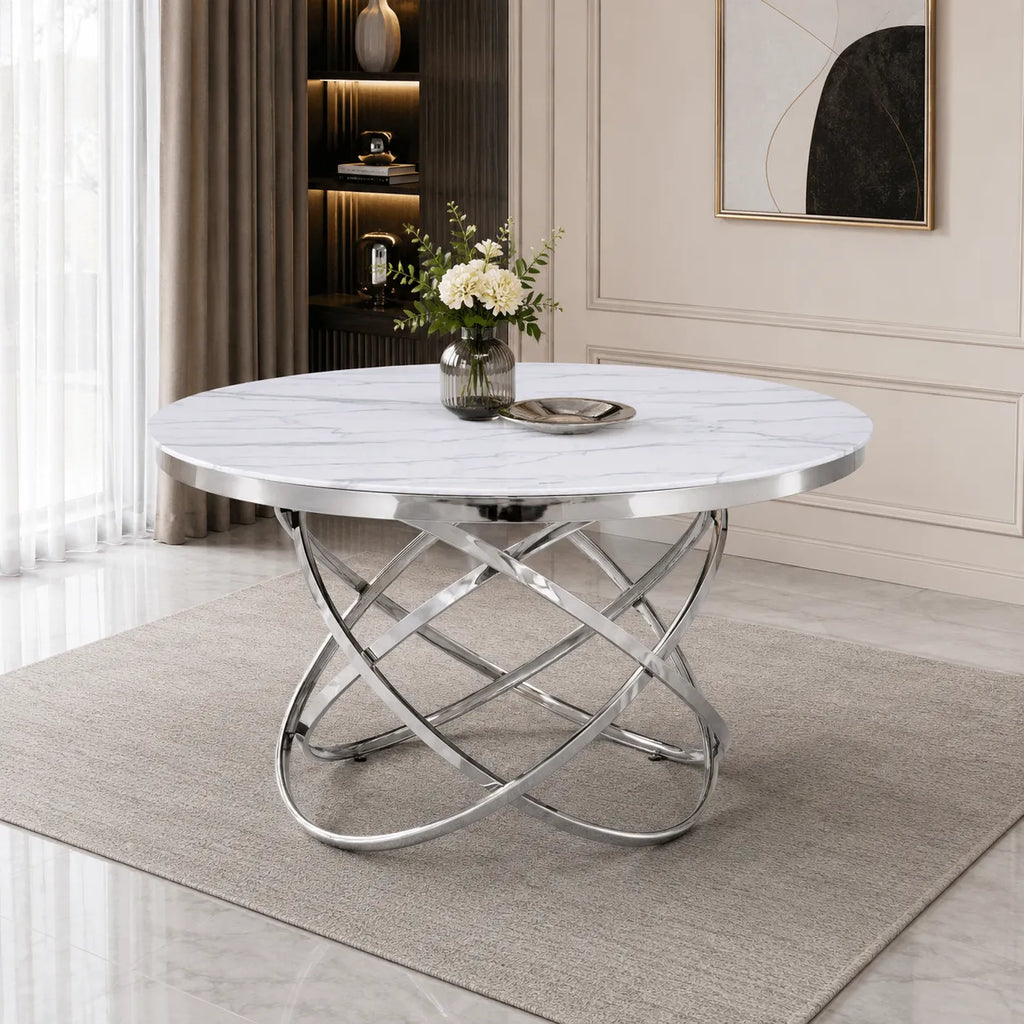 Table à manger marbre blanc argent EVO