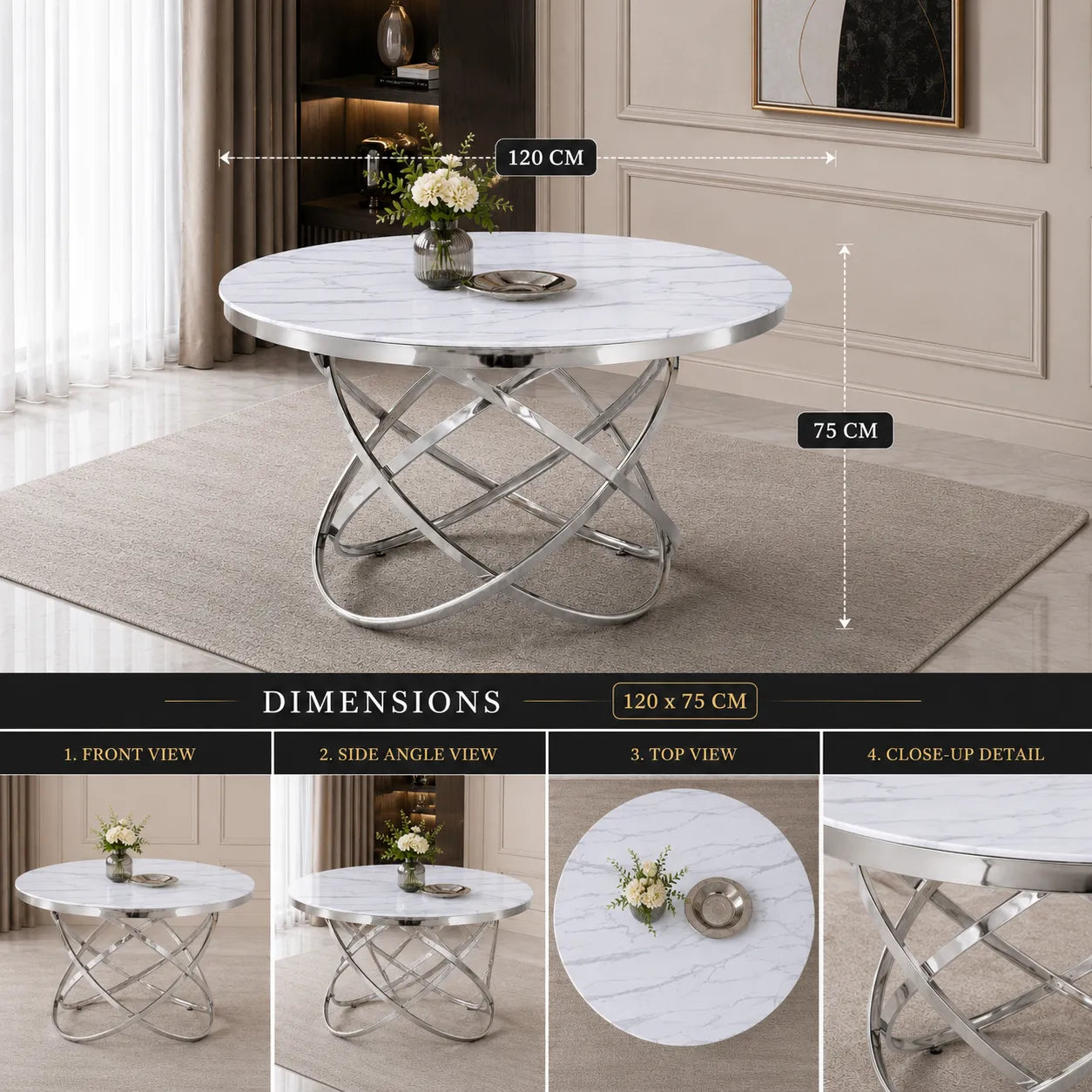 Table à manger marbre blanc argent EVO
