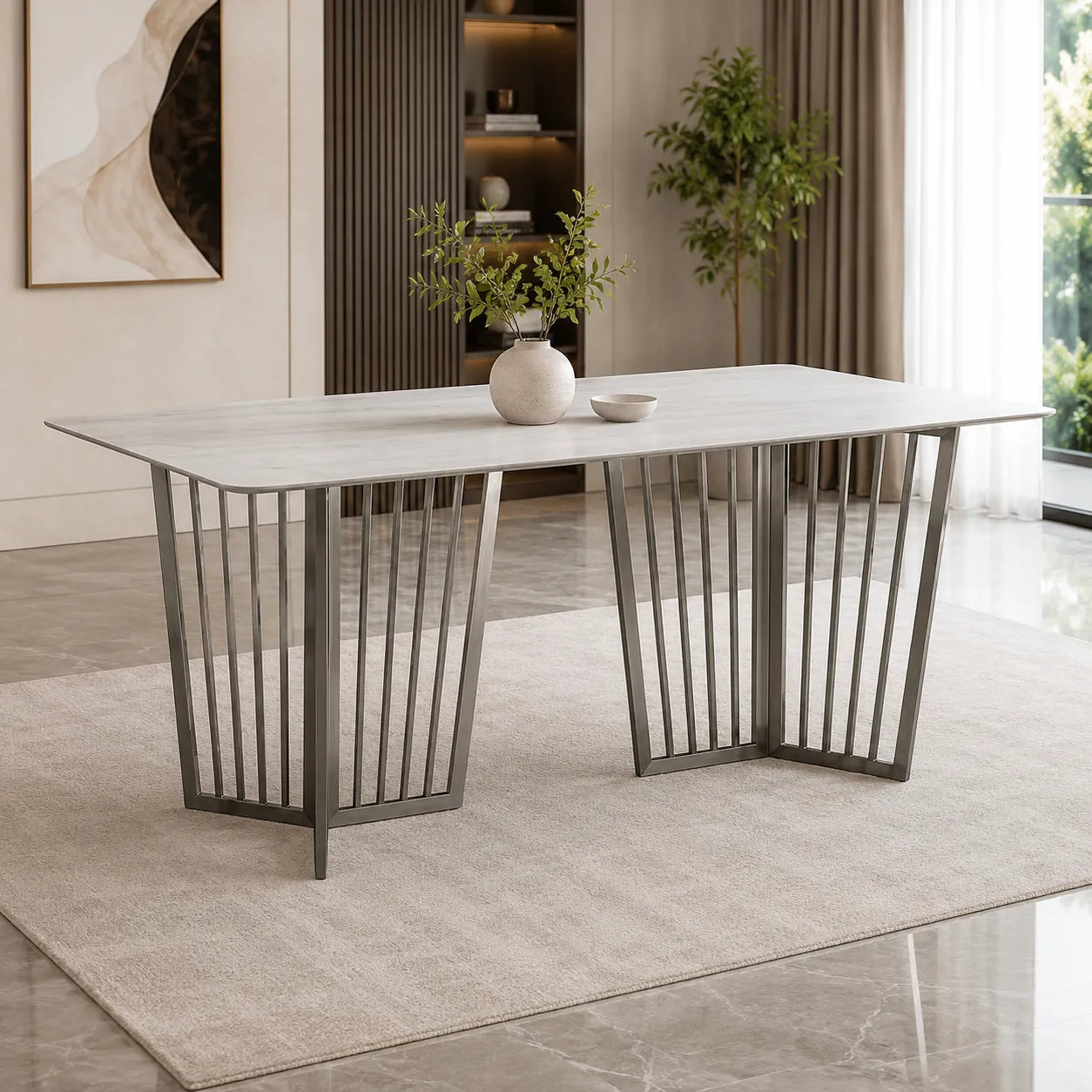 Table à manger marbre blanc argent PERLA