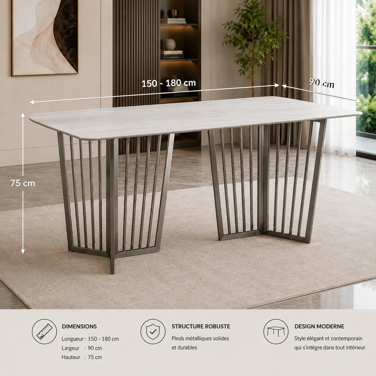 Table à manger marbre blanc argent PERLA