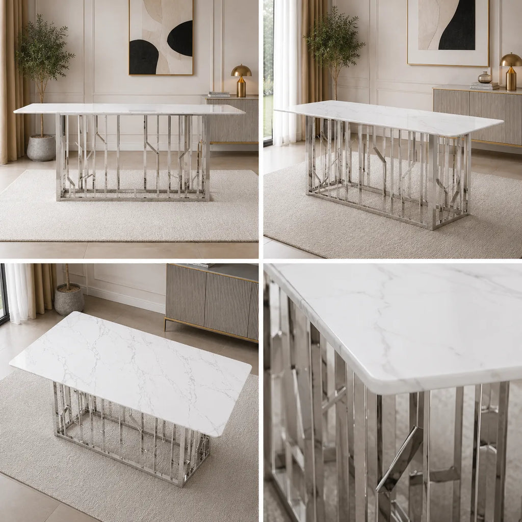 Table à manger marbre blanc argent PORTO