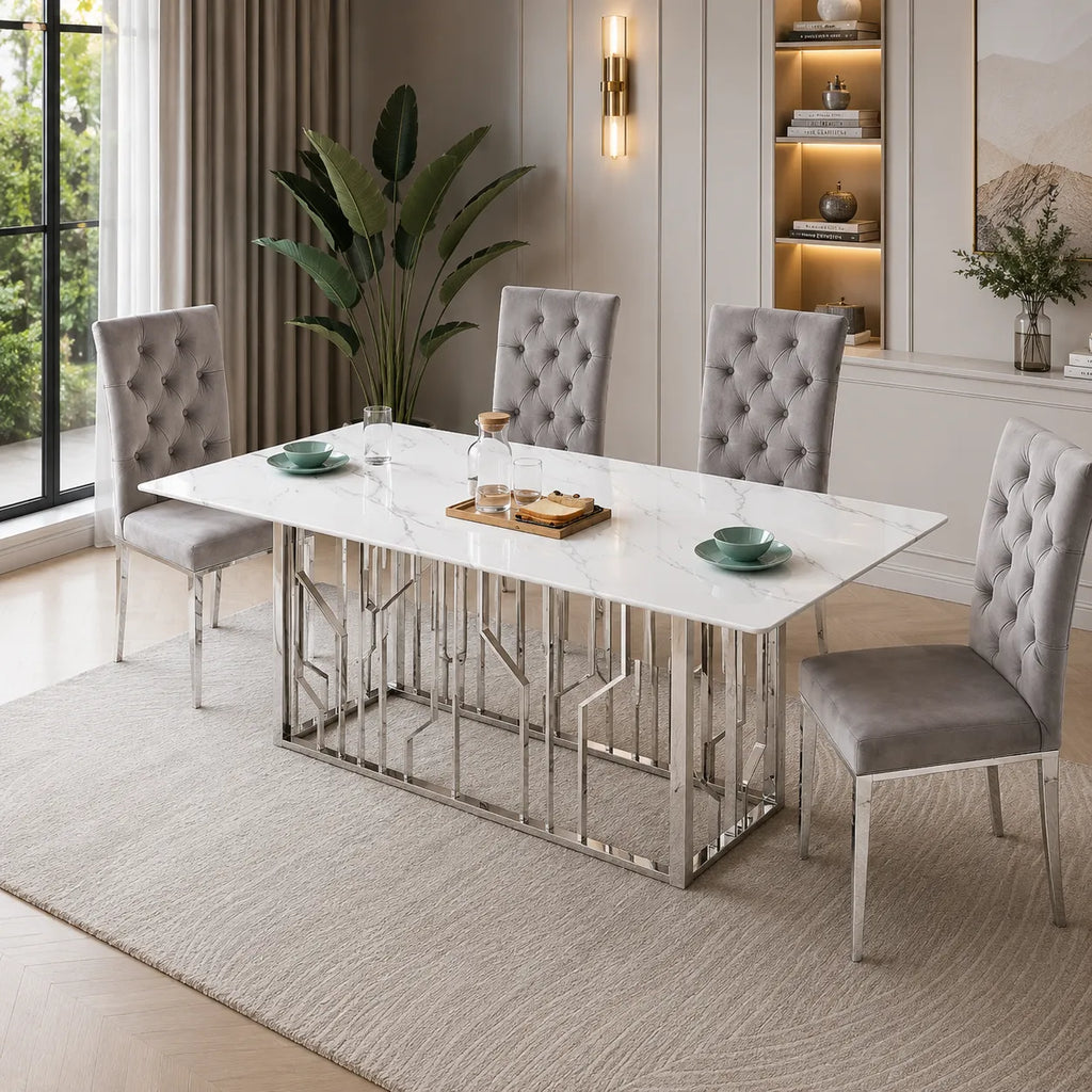 Table à manger marbre blanc argent PORTO