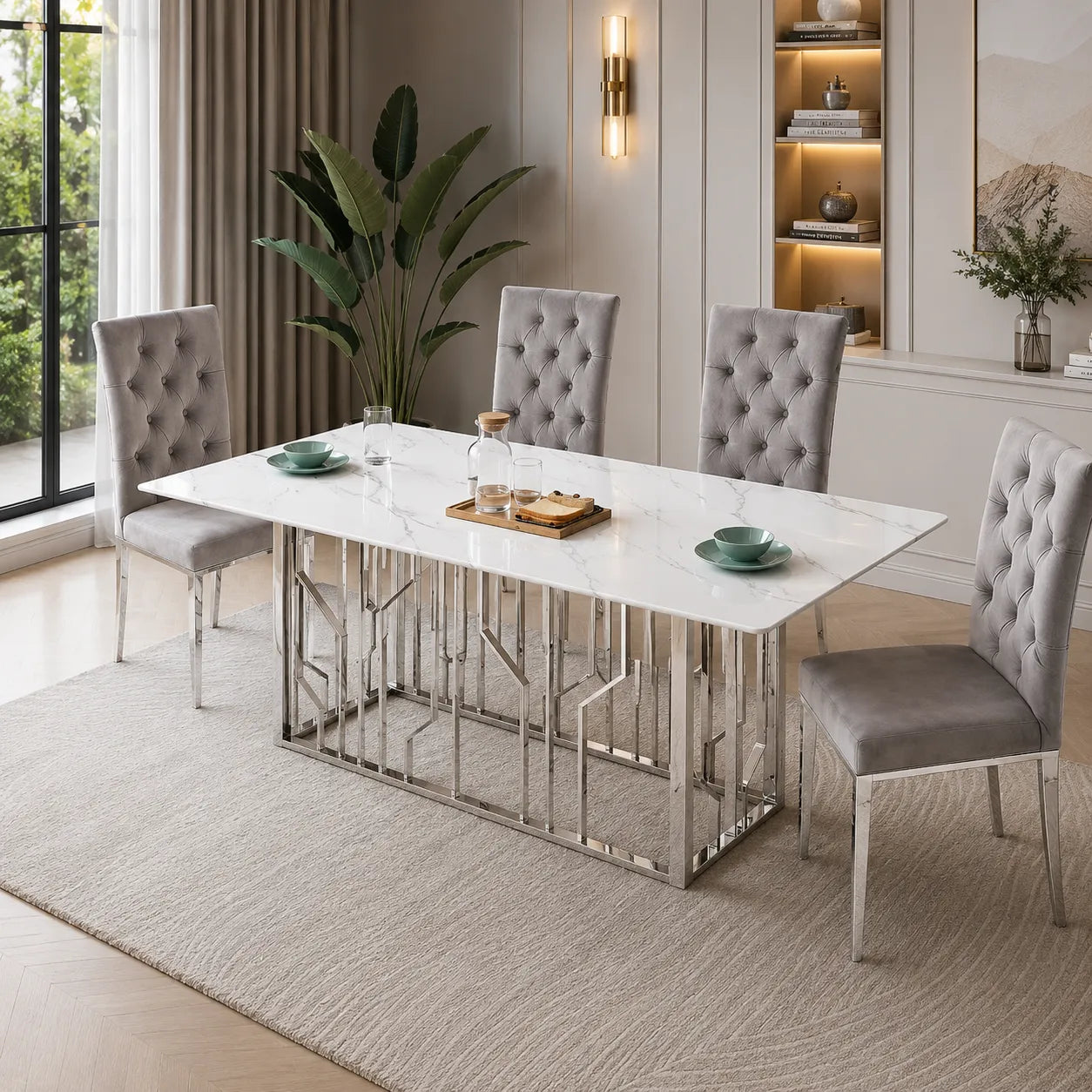Table à manger marbre blanc argent PORTO