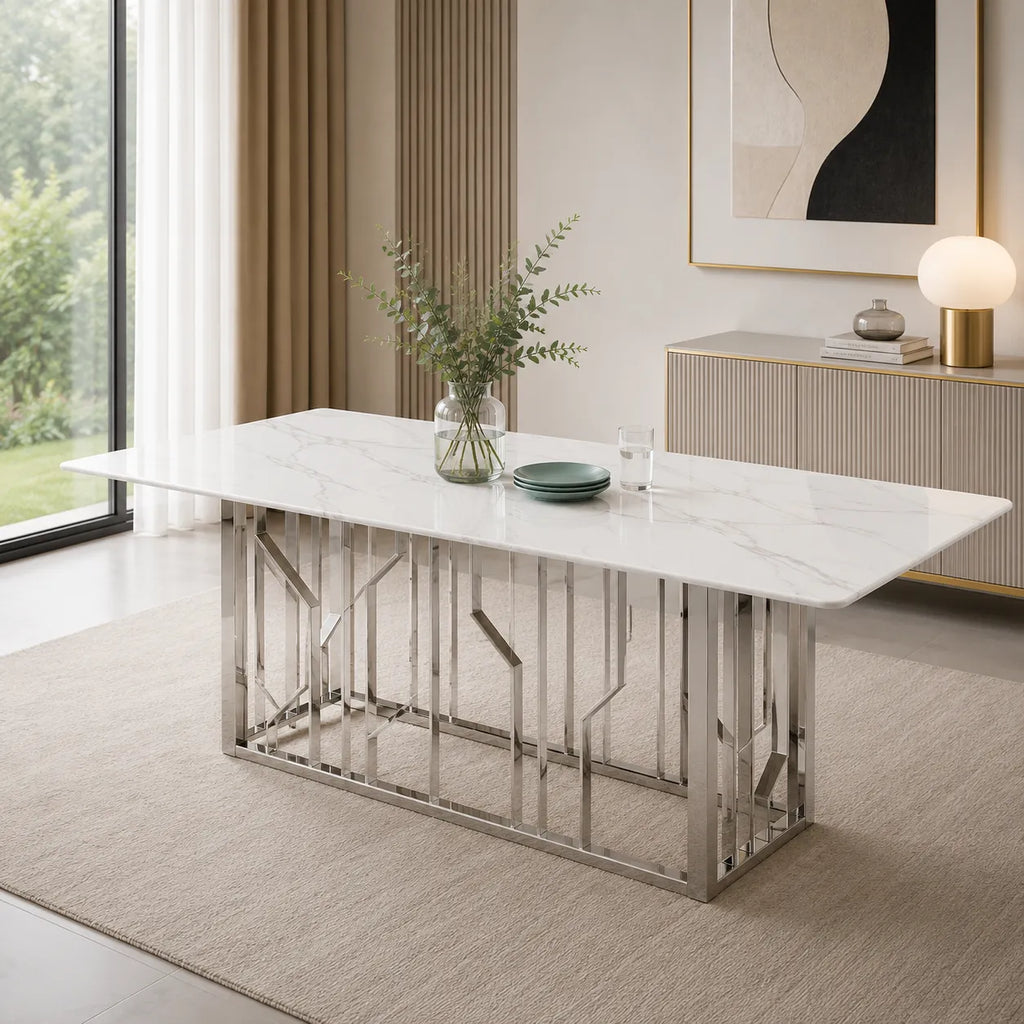 Table à manger marbre blanc argent PORTO