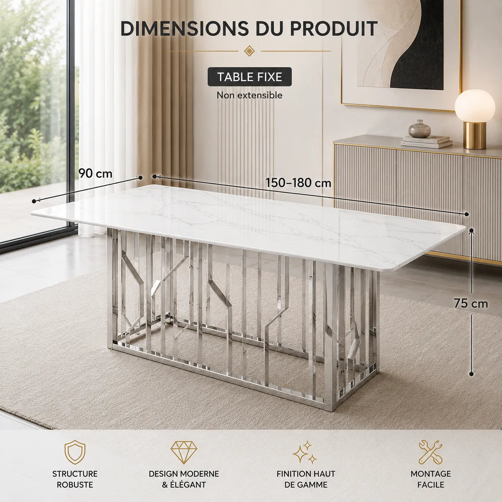 Table à manger marbre blanc argent PORTO