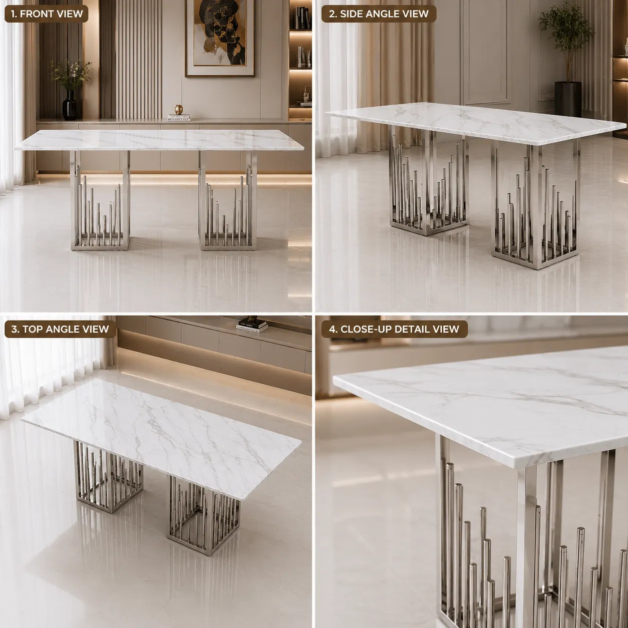Table à manger marbre blanc argent RITA