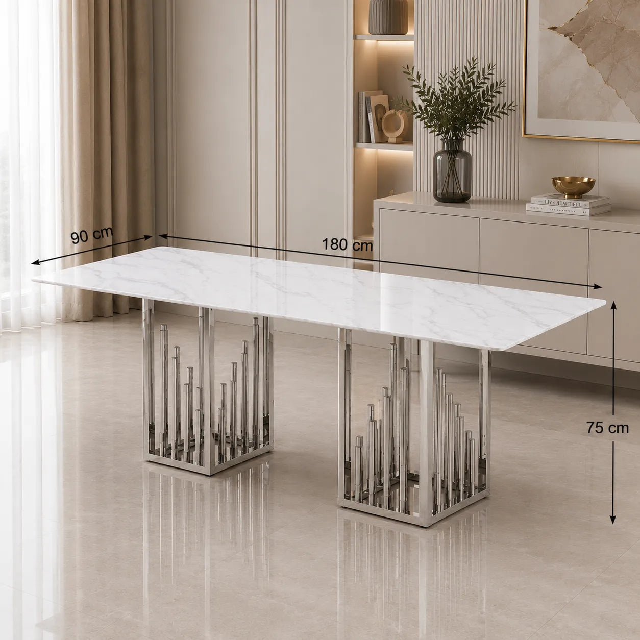 Table à manger marbre blanc argent RITA
